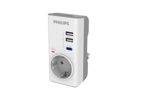 Philips CHP8010W/GRS Μονόπριζο ασφαλείας με 2USB+Type-C, 3680W, 380J