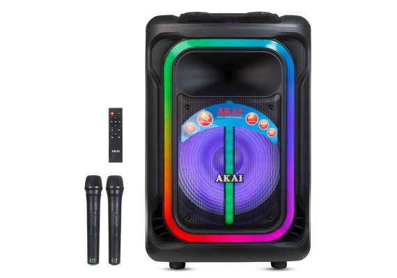 Akai ABTS-15 Pro Volcano Μαύρο φορητό Party speaker τρόλεϊ με Bluetooth, USB, SD, AUX, FM, LED, AWS με τηλεχειριστήριο, 2 ασ. μικρ. και υποδοχές για μικρ. και όργανο – 75W RMS