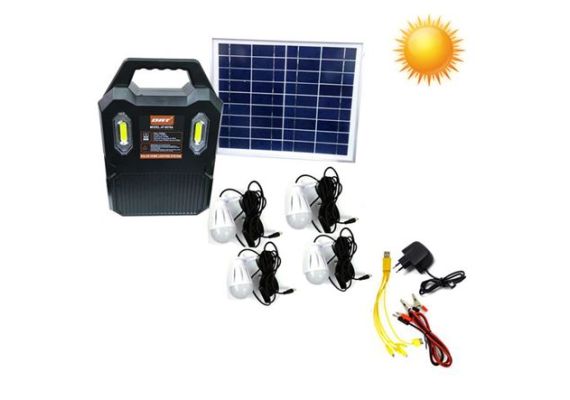 Ηλιακό πακέτο κιτ φωτισμού Panel για απαιτητικούς αυτονομία 50 ώρες + Power Bank μπαταρία με θύρα USB - MP3 - Ραδιόφωνο + 4 λάμπες LED + φακός SOS κ.λ.π.