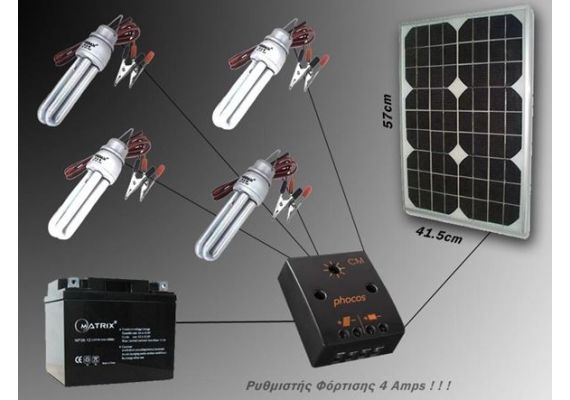 Hλιακό-Φωτοβολταϊκό κίτ φωτισμού με πάνελ  30W - Μπαταρία 40 ΑΗ - Ρυθμιστή φόρτισης 20 Αmp - 4 λάμπες οικονομίας 12V 16W