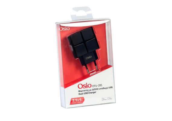 OSIO OTU-285B ΜΑΥΡΟΣ ΦΟΡΤΙΣΤΗΣ 220V ΡΕΥΜΑΤΟΣ ΓΙΑ 2 USB 5V/1000/2100mA