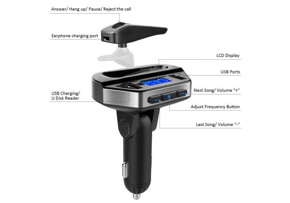 Πομπός Bluetooth USB MP3 Player, FM Transmitter, και Φορτιστής Αυτοκινήτου με Ακουστικό Hands-free